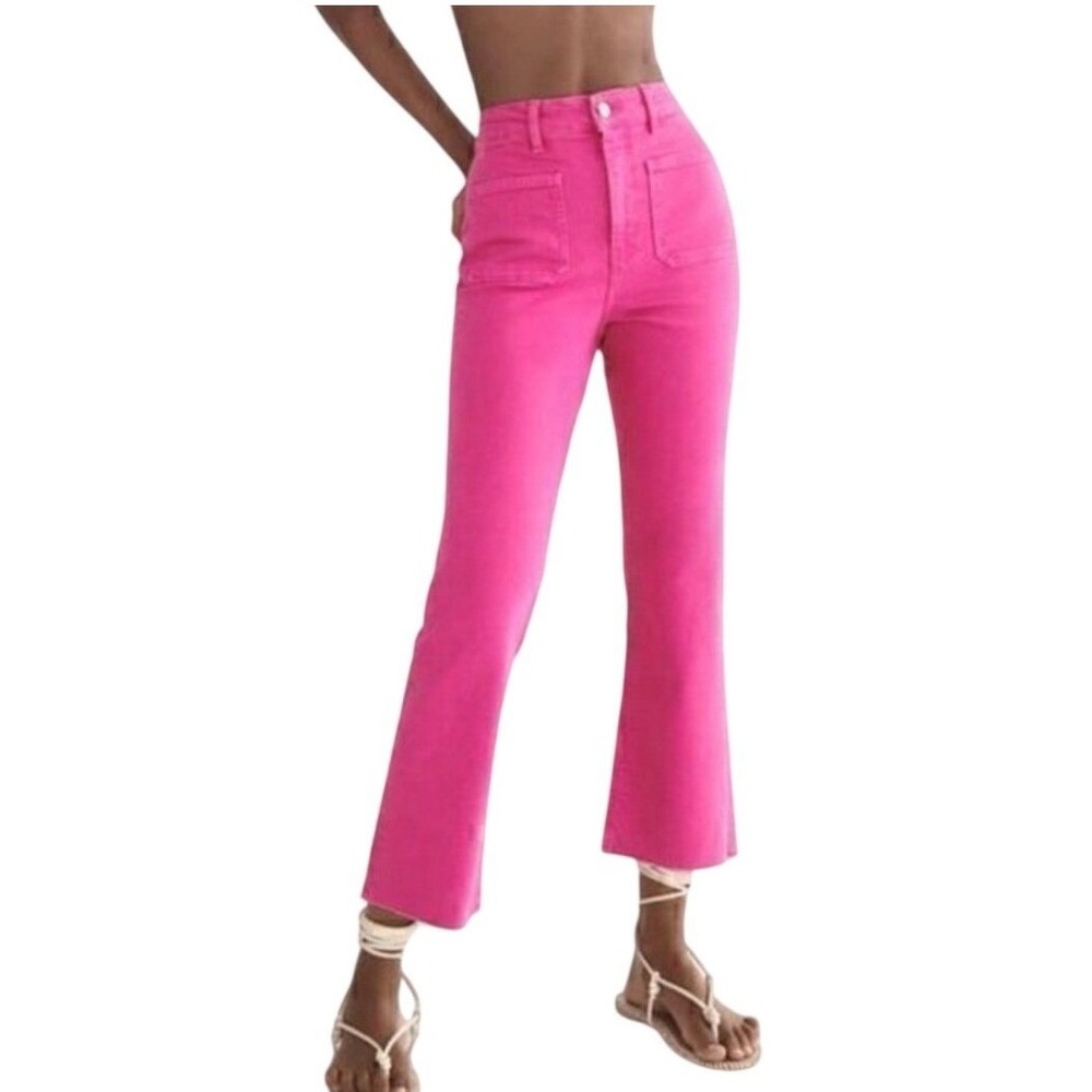 Zara The Sailor Cropped Flare High Rise Jeans Pink Size 8 Barbie Colorful